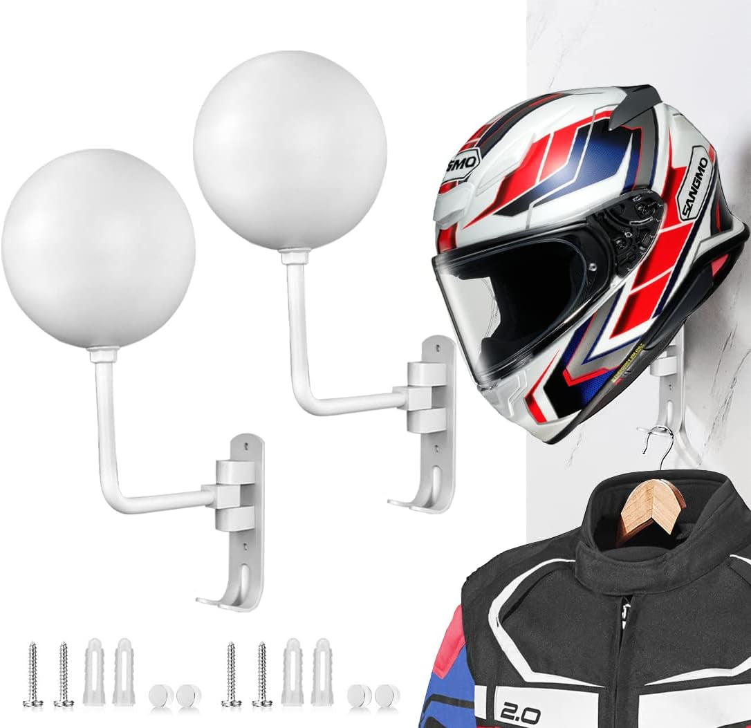 SANGMO 180°Motorcycle Helmet Rack, Rotation Metal Helmet Holder Wall Mounted Helmet Rack Motorcycle with 2 Hooks Helmet Hanger for Motorcycle Bike Coats, Caps, Baseballs, Rugby Helmet (1 Pcs)