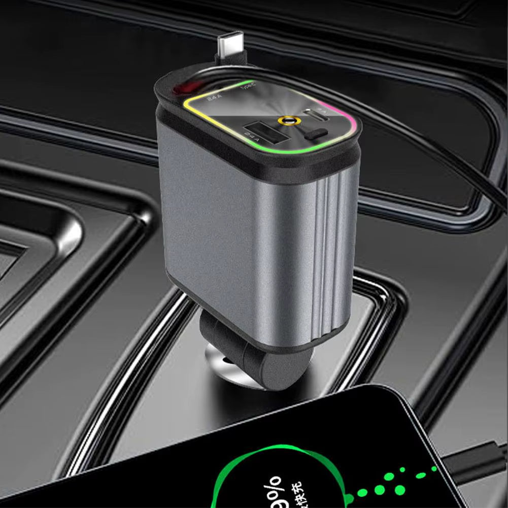 4-in-1 120W Retractable Car Charger with Starry Night Roof Light and Type C Fast Charging Adapter