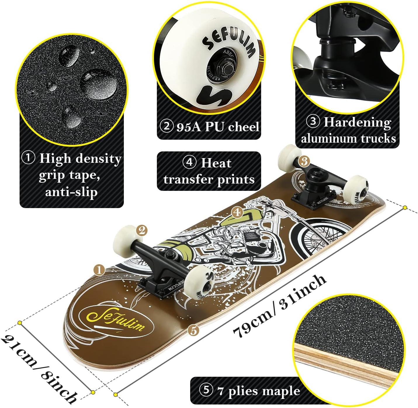 Sefulim 31 X 8 Inch Complete Skateboard 7 Layer Canadian Maple Double Kick Deck Concave Cruiser Trick Skateboard for Boys Girls Teens Adults Beginner ﻿